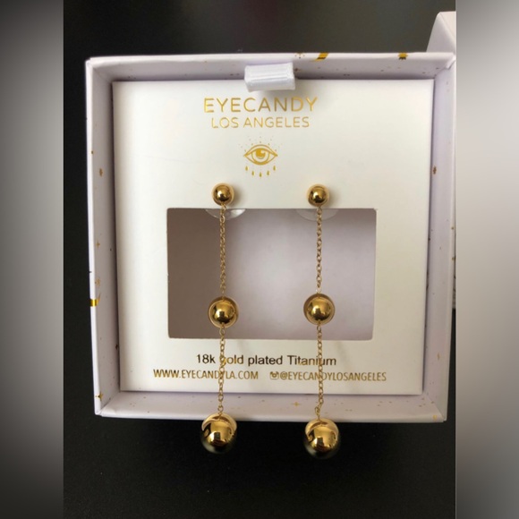 Eye Candy 18k plated titanium golden ball drop earrings jewelry - Picture 3 of 4